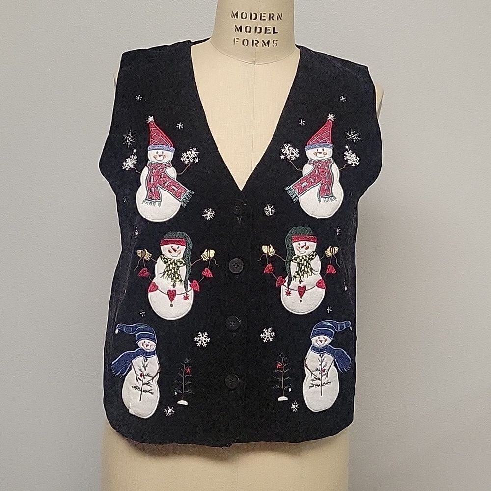 Vintage Christopher&Banks Christmas Vest Sz M Black Velvet Snowmen
